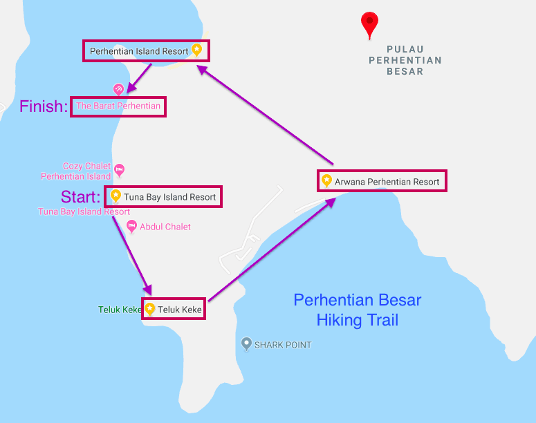 Hiking map for Perhentian Besar island.