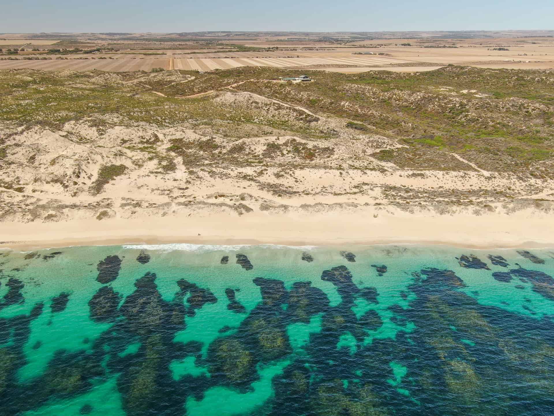 Drone shot of The Glass House WA Airbnb in Greenough, Western Australia