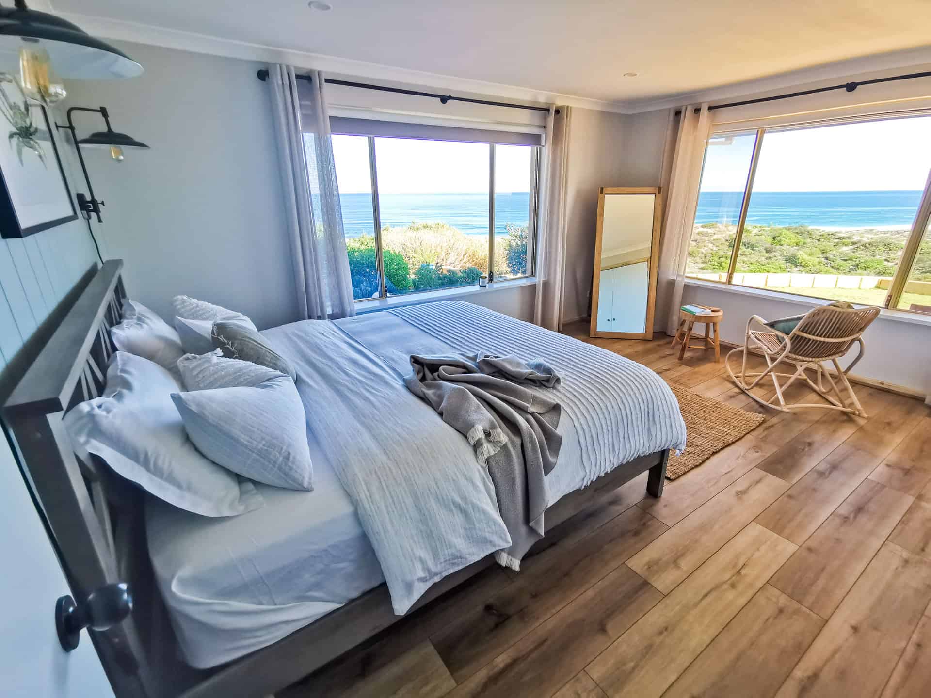 The full master bedroom at The Glass House WA Airbnb in Greenough