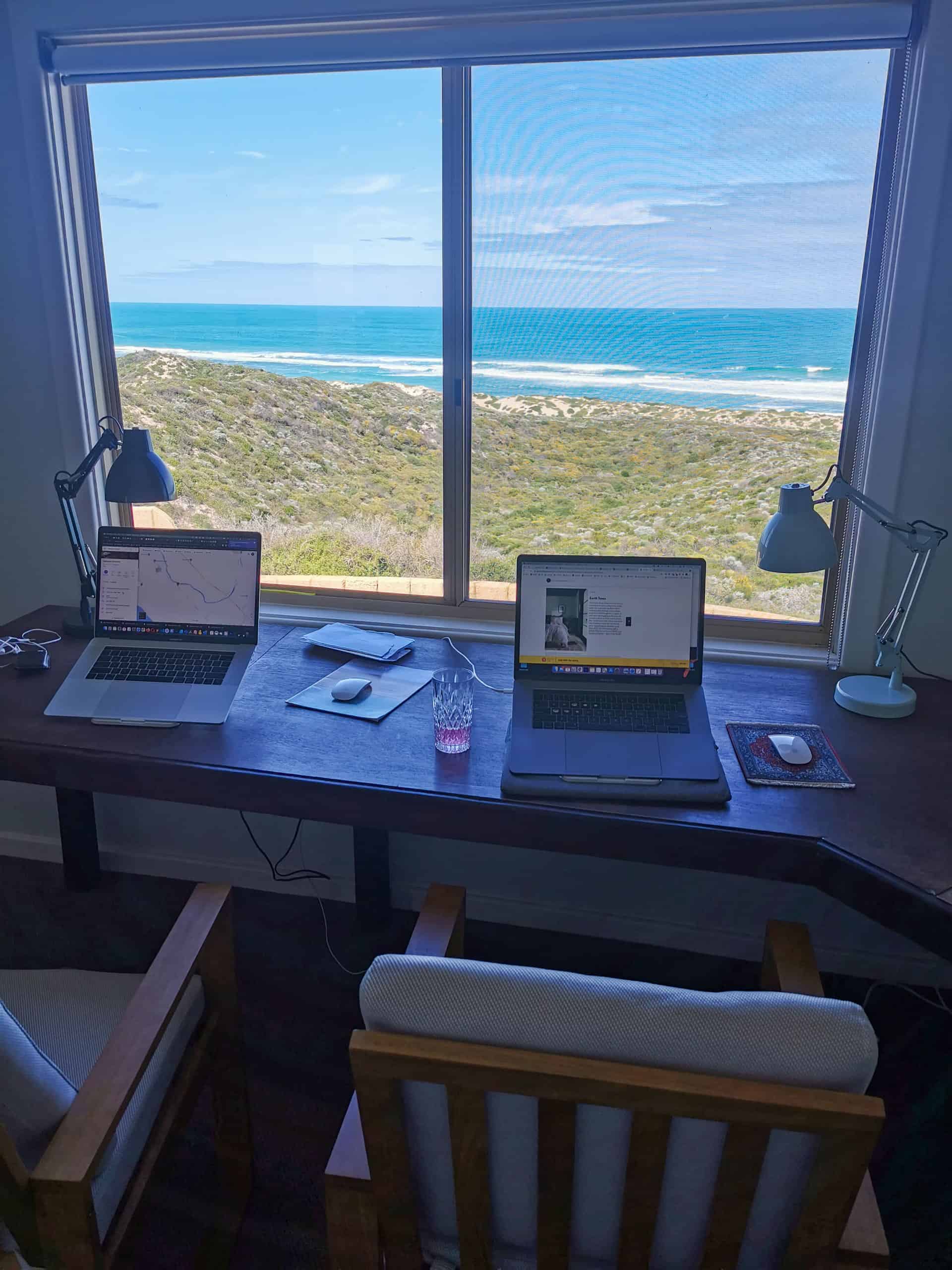 Office with Indian Ocean views at The Glass House WA Airbnb in Greenough, Western Australia