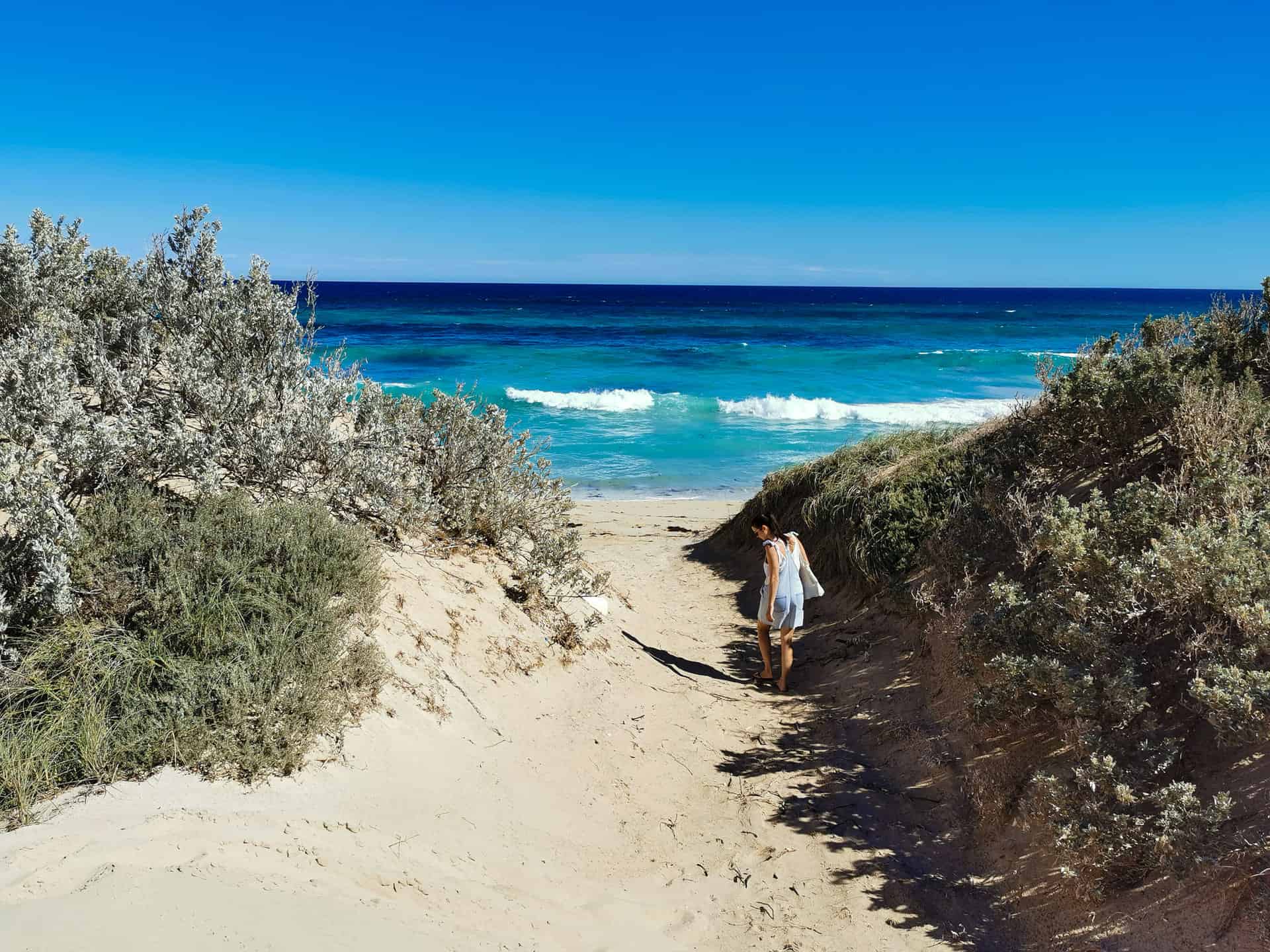 Private walking trail to the beach at The Glass House Airbnb in Greenough, Western Australia